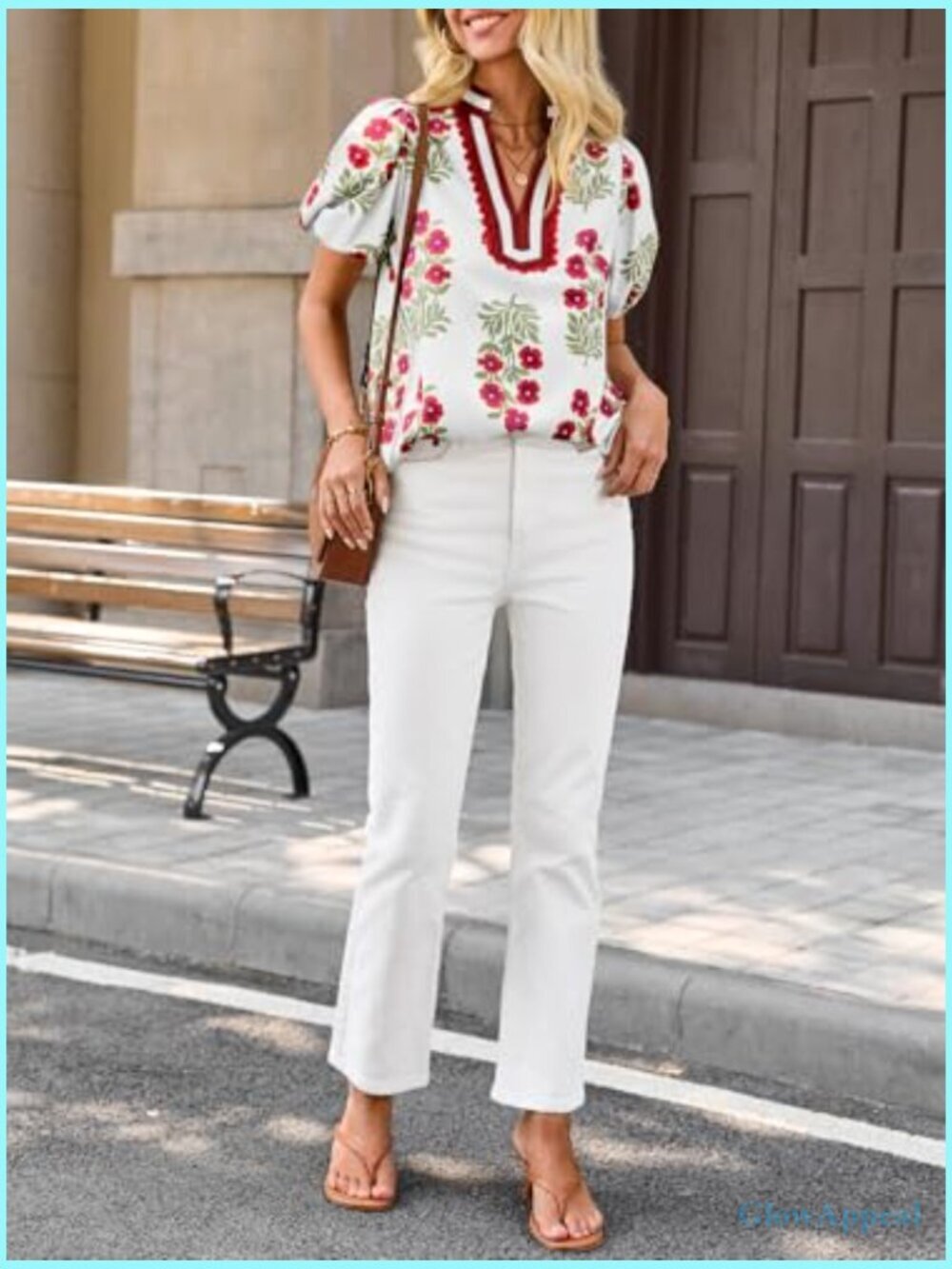 Floral Puff Sleeve V-Neck Blouse Boho Summer Top Dressy Casual Loose Fit - Picture 6 of 7